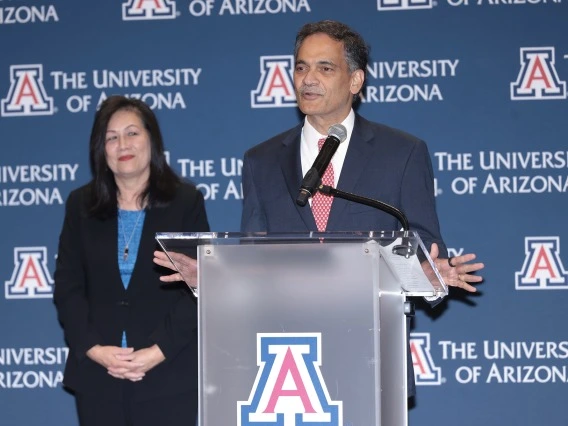 Suresh Garimella at a podium marked with a block 'A'