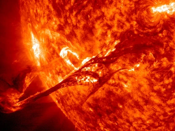 A solar flare erupts from the sun's surface in this image captured by NASA's Solar Dynamics Observatory