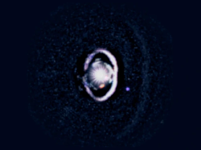The star, WISPIT 2, appears a bright spot in the center, surrounded by a white, bright ring of dust. Two small dots indicate the growing protoplanets in the system. 
